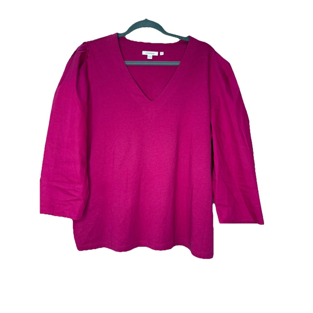 Chico's Womens Top 3 Extra Large Pink Mixed Media Puff Sleeve Cotton Casual